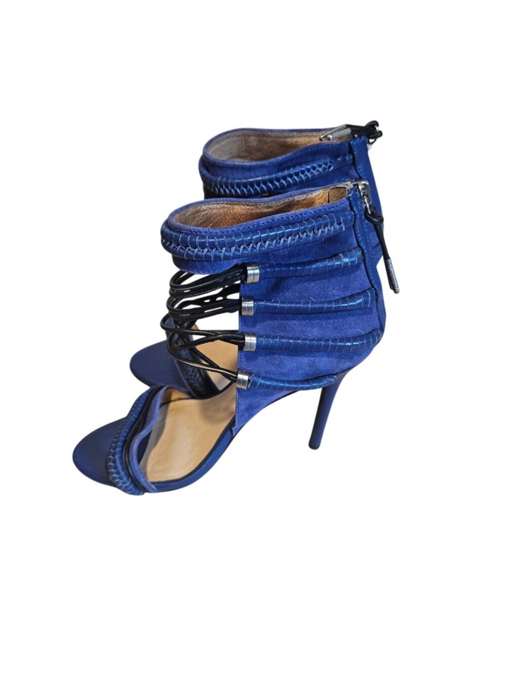 L.A.M.B Blue Suede High Heel Sandals With Back Zipper & Strappy Design Size 8M E
